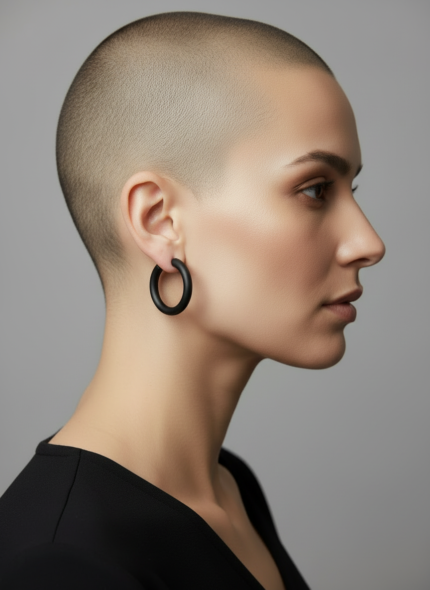 Model with shaved head wearing two-inch classic signature clay hoop earrings in ebony, handmade by Sunni Dineen.