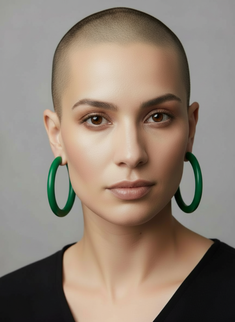 Model with shaved head wearing three-inch classic signature clay hoop earrings in emerald handmade by Sunni Dineen.