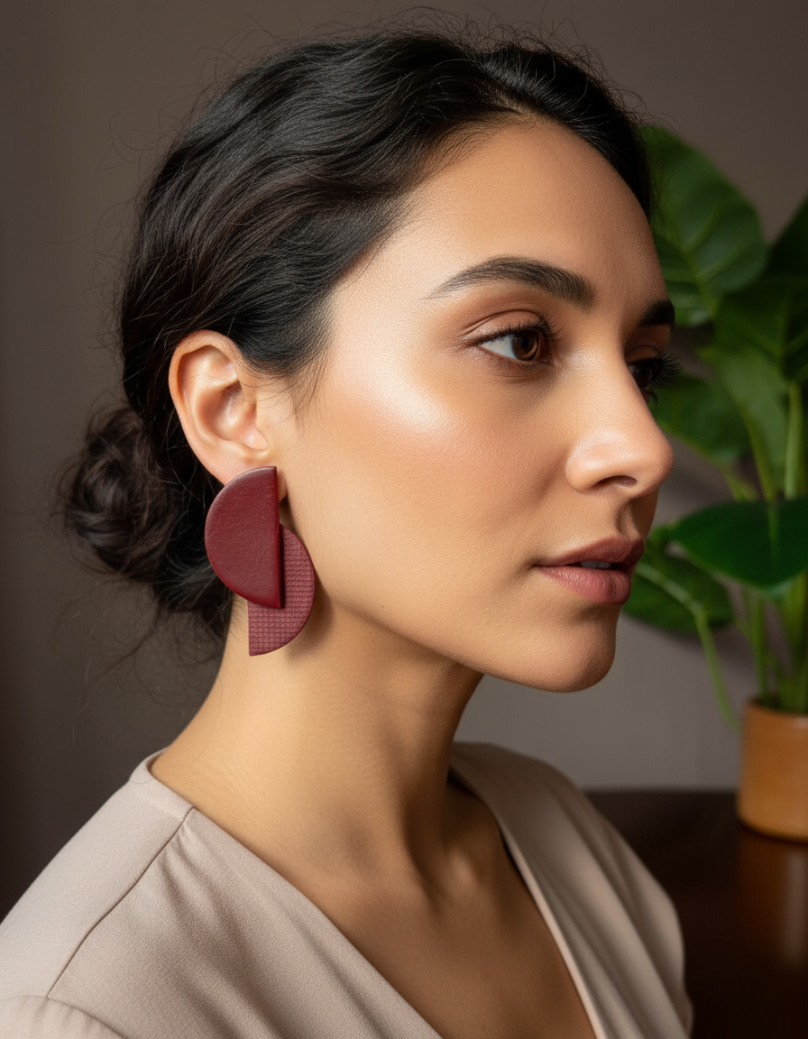 Model wearing handcrafted Elodi geometric statement earrings in bordeaux — minimalist modern jewelry by Sunni Dineen Handcrafted Design.

2️⃣ Flat Lay Photo: