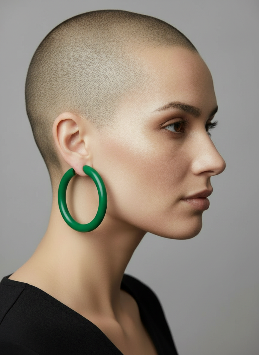 Model with shaved head wearing three-inch classic signature clay hoop earrings in emerald handmade by Sunni Dineen.