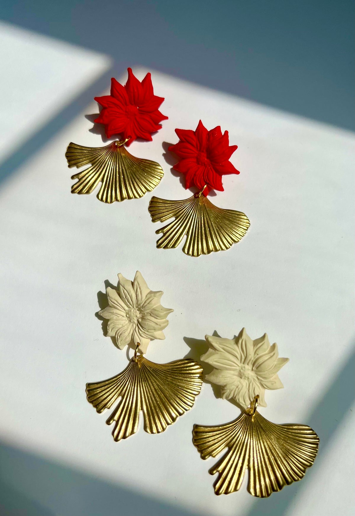 Yasmine Earrings – Gold Ginkgo Leaf & Floral Clay Statement Earrings | Sunni Dineen