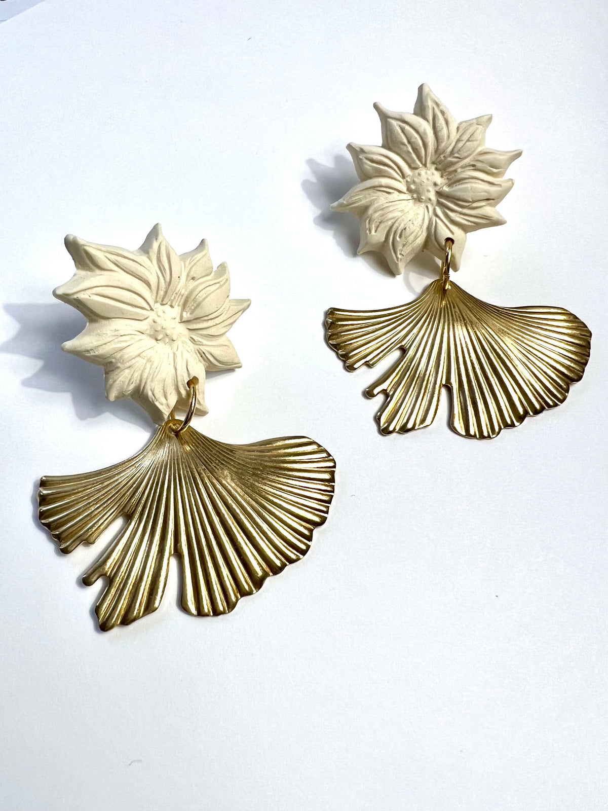 Yasmine Earrings – Gold Ginkgo Leaf & Floral Clay Statement Earrings | Sunni Dineen